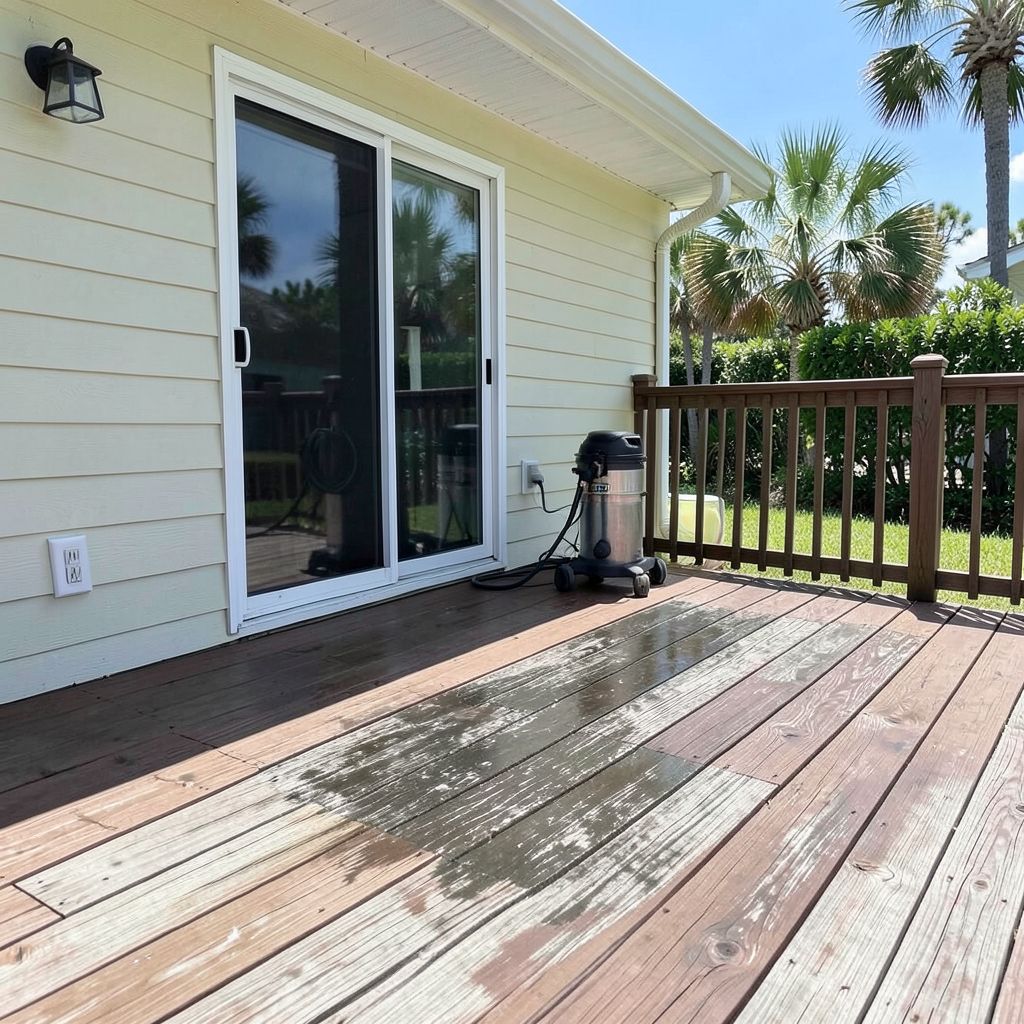 Professional deck cleaning service in West Palm Beach, FL, featuring a before and after contrast of a weathered wooden deck.