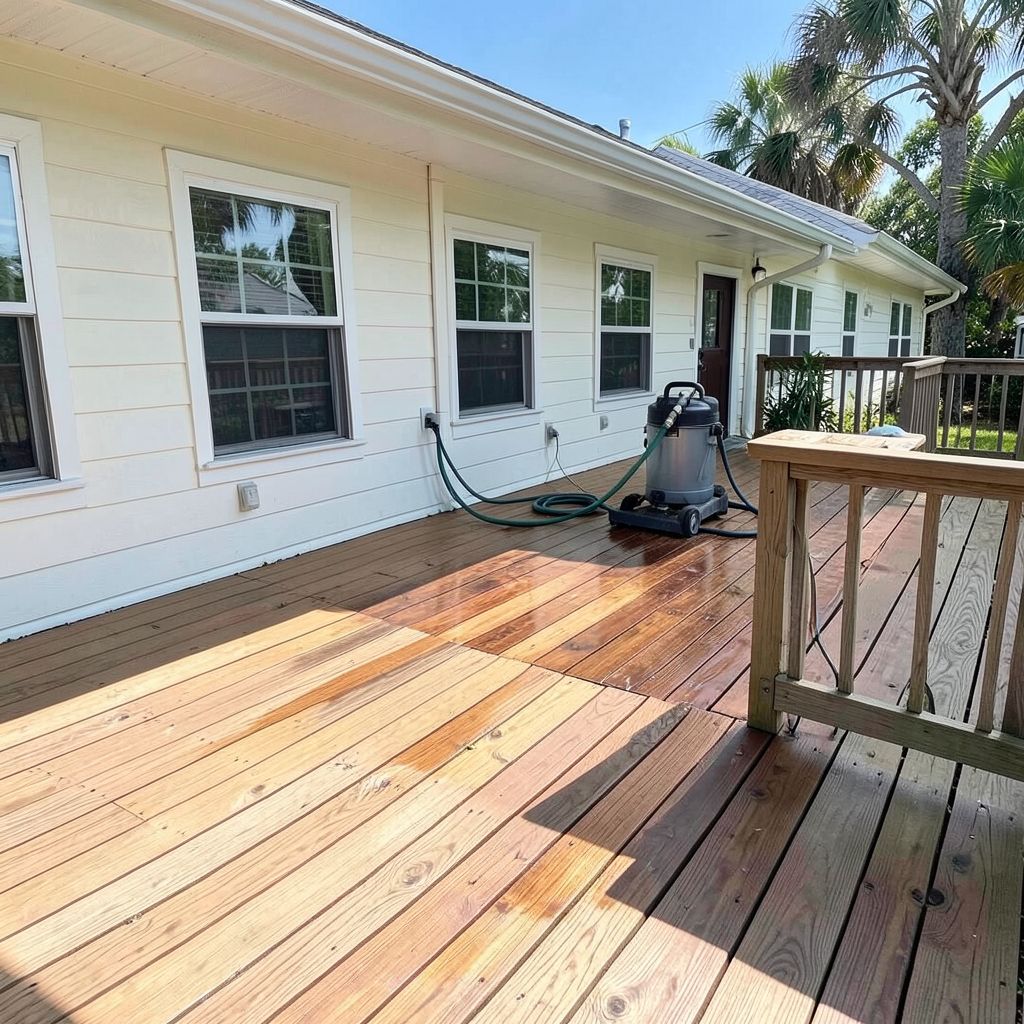Residential deck cleaning service in Boca Raton Florida using pressure washing equipment to restore wooden deck surface.