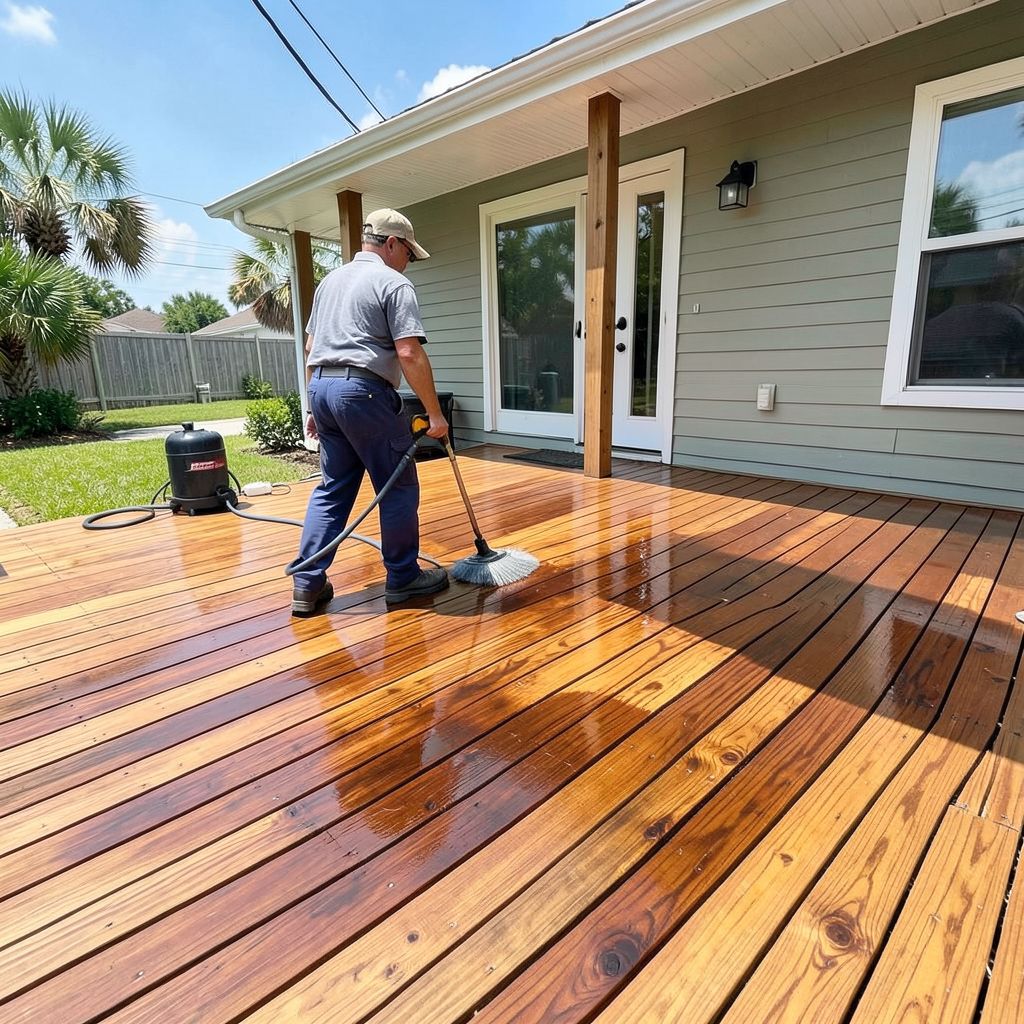 Residential deck cleaning service in Delray Beach Florida featuring a technician pressure washing a wooden deck to restore its finish.