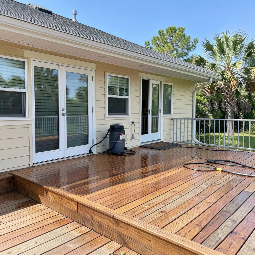 Professional deck cleaning service in West Palm Beach Florida restoring wooden deck surfaces with pressure washing equipment.