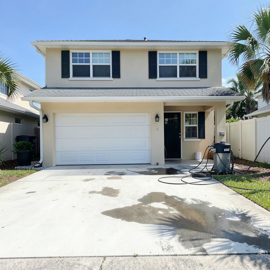 Driveway cleaning service in West Palm Beach, FL, with a two-story home and clean concrete driveway contrasting with dirty sections.
