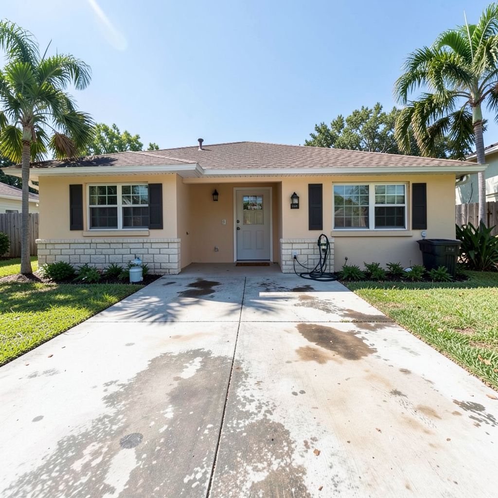 Driveway cleaning service in progress at a single-story residential home in Boca Raton Florida with pressure washing equipment in use.