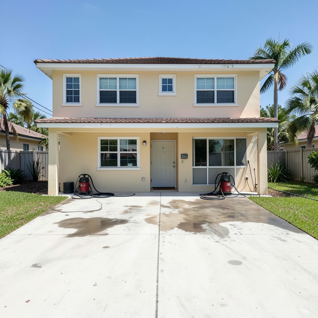 Driveway cleaning service in West Palm Beach Florida showing a two-story home with a clean concrete driveway after pressure washing.