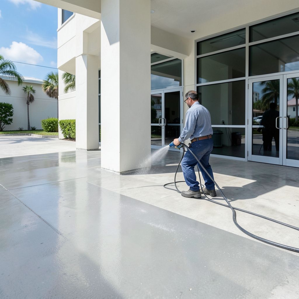 Professional power washing technician using equipment to clean exterior of commercial building in West Palm Beach Florida.