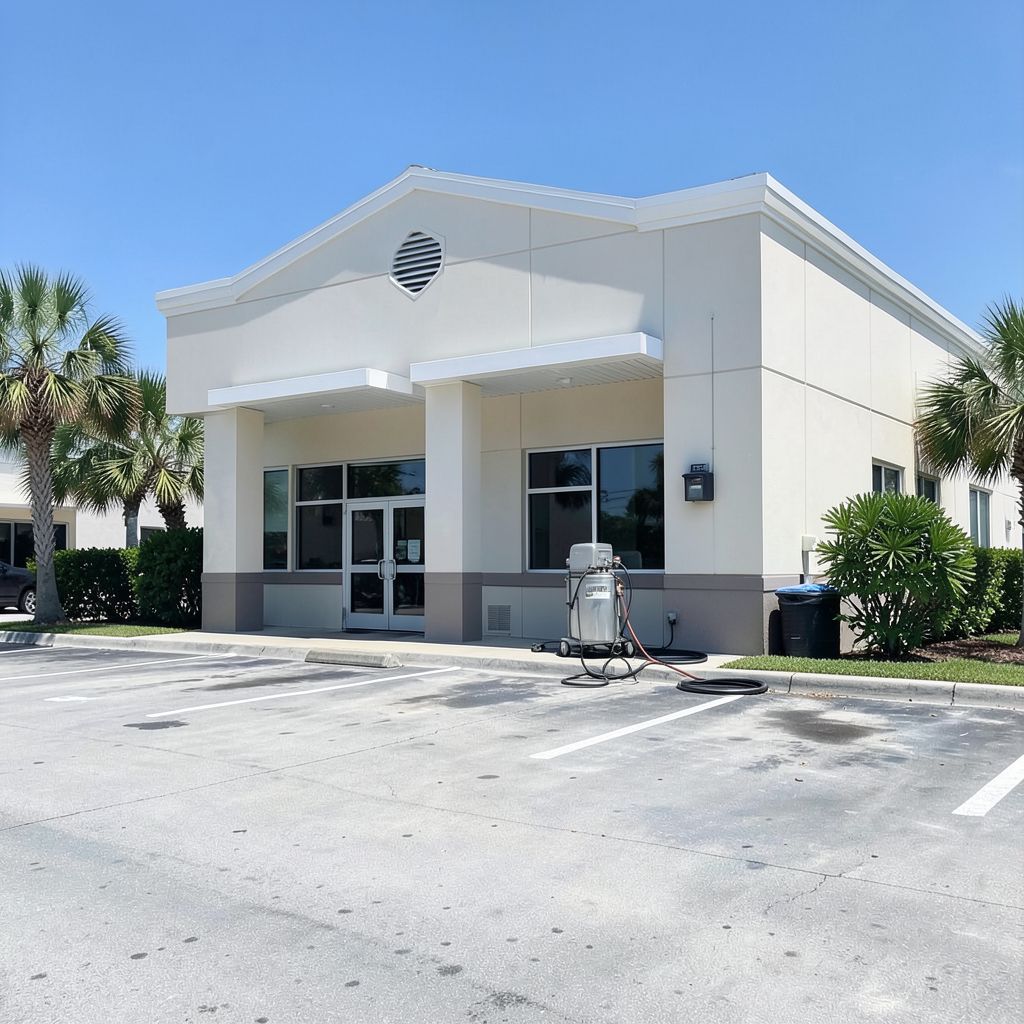 Professional power washing service in progress on a commercial building exterior in Boca Raton Florida