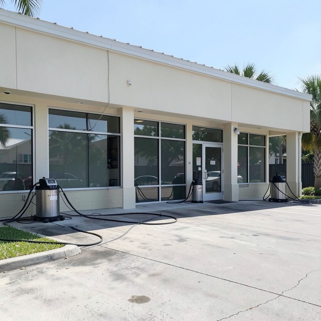 Professional power washing service in progress on a commercial building exterior in Lake Worth Florida