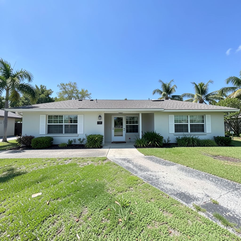 Residential pressure washing service in progress on a single-story home in Jupiter Florida.