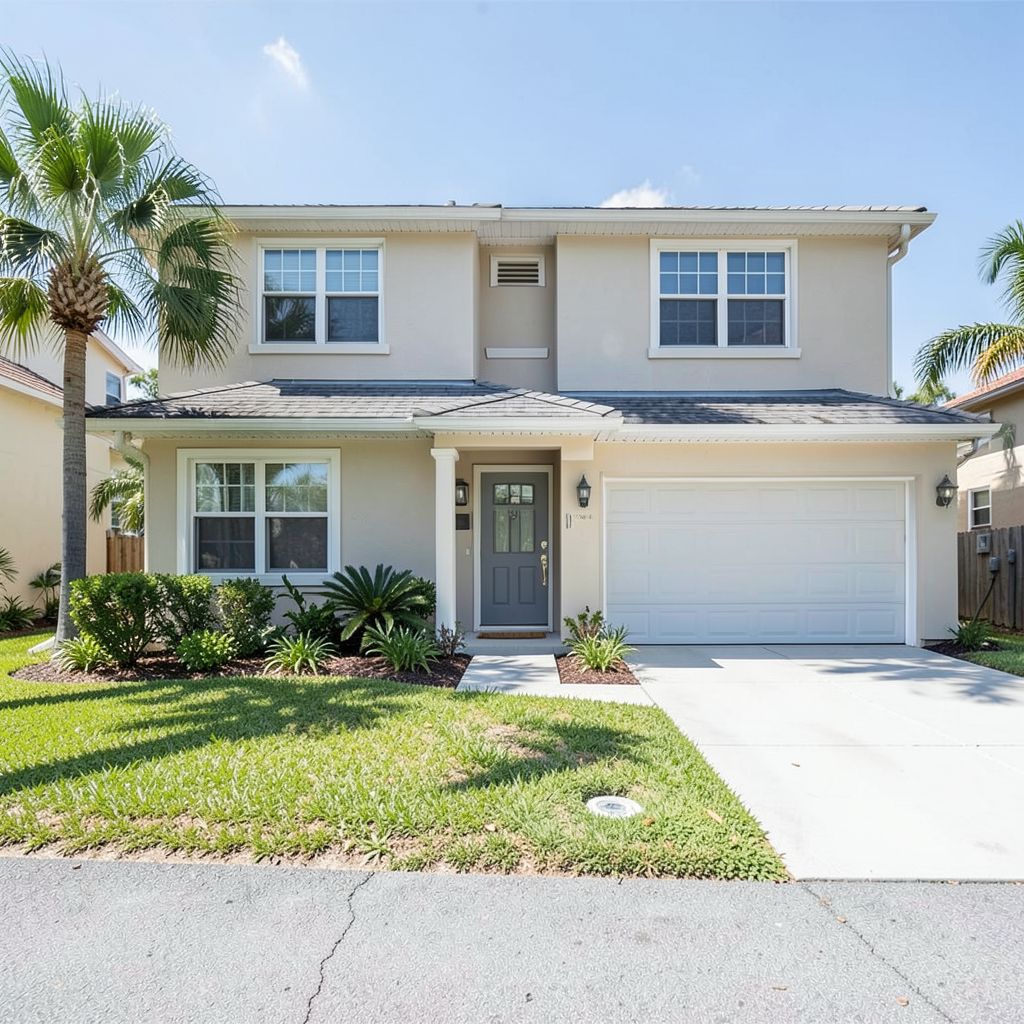 Residential pressure washing service in West Palm Beach Florida featuring a two-story home with a well-manicured lawn and driveway.