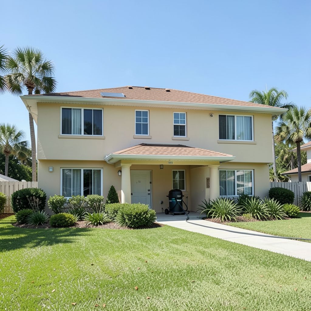 Residential roof washing service in progress at a two-story home in West Palm Beach Florida with professional equipment and clean roof section visible.