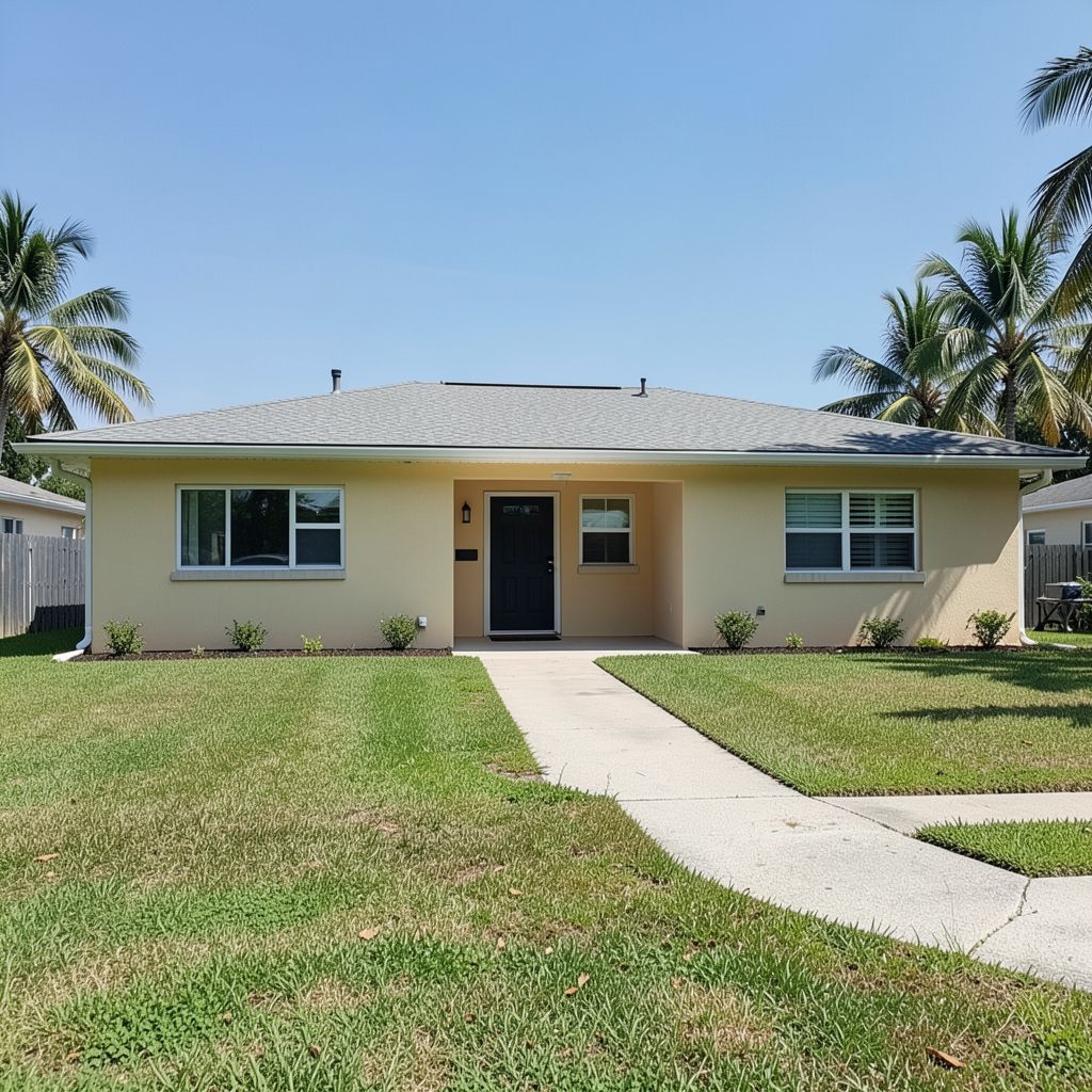 Residential roof washing service in Boca Raton Florida enhancing the appearance of a single-story home's exterior.