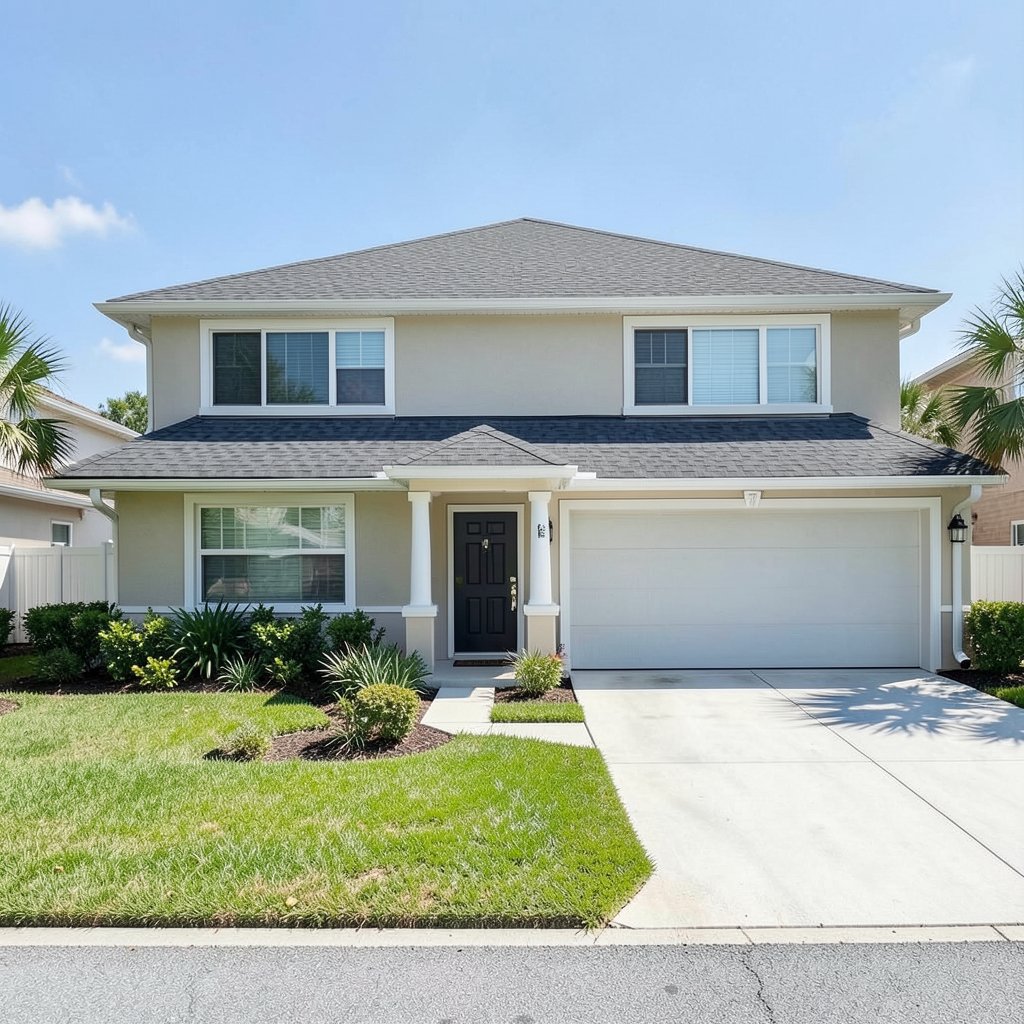 Residential roof washing service in Boynton Beach Florida enhancing two-story home curb appeal with clean roof and well-manicured landscaping.