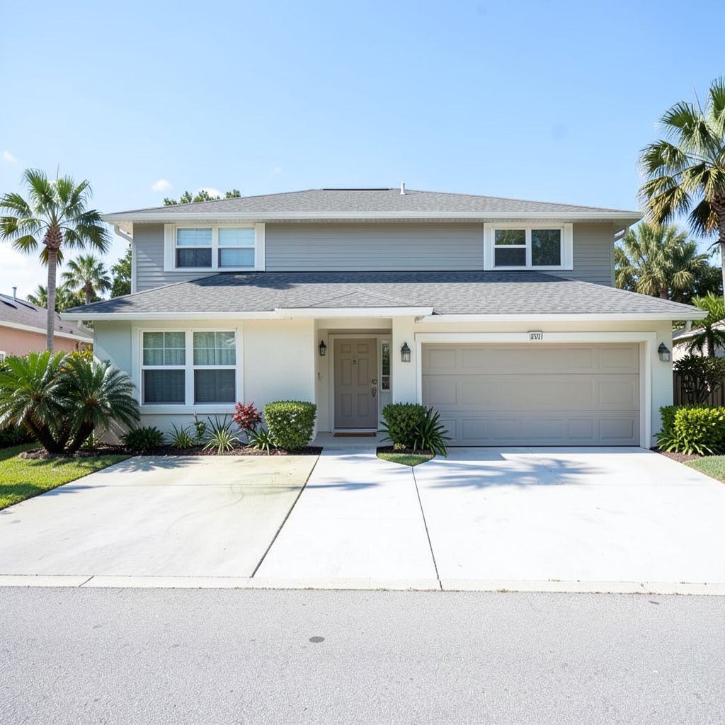 Residential roof washing service in Jupiter Florida with a clean two-story home exterior.