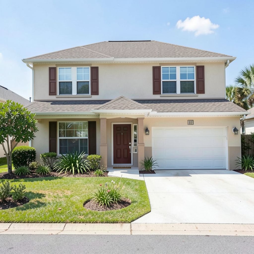 Roof washing service performed on a two-story residential home in Lake Worth Florida with a clean and well-maintained exterior.