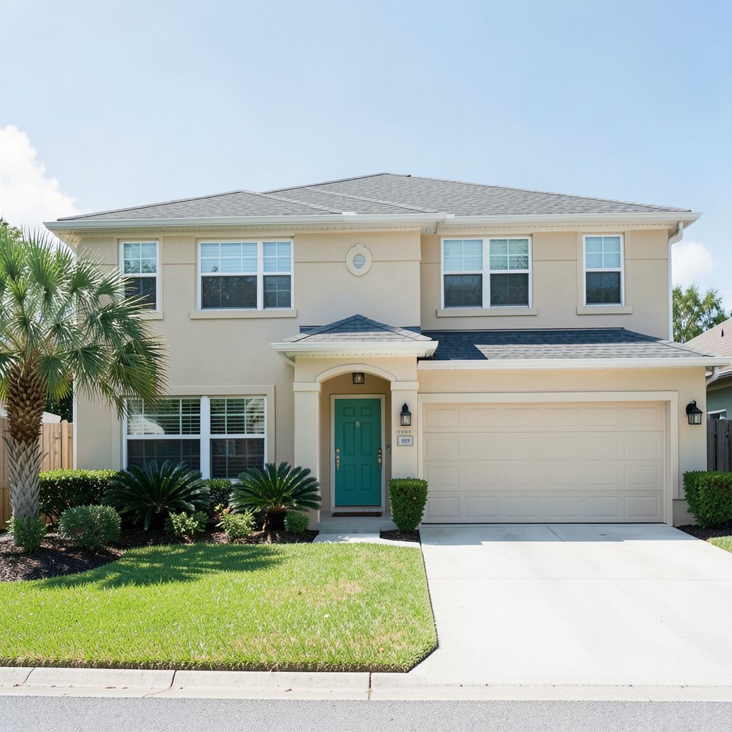 Residential roof washing service in Palm Beach Gardens, Florida enhancing a two-story home's curb appeal.