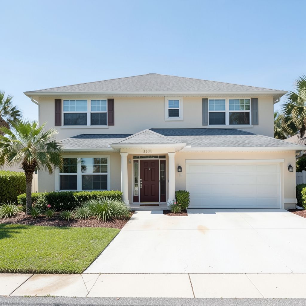 Residential roof washing service performed on a two-story home in West Palm Beach Florida with a clean and algae-free roof.