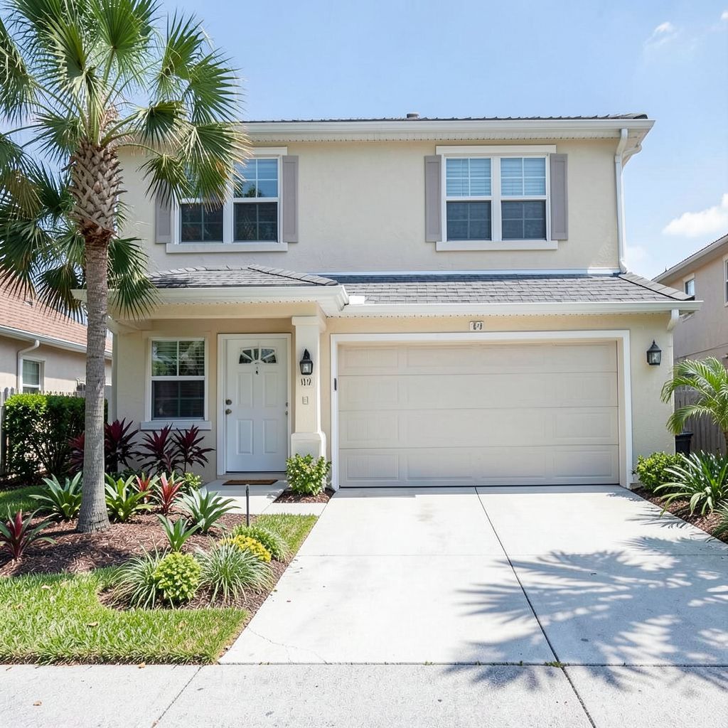 Residential pressure washing service in West Palm Beach, FL, a two-story home with landscaping and driveway.